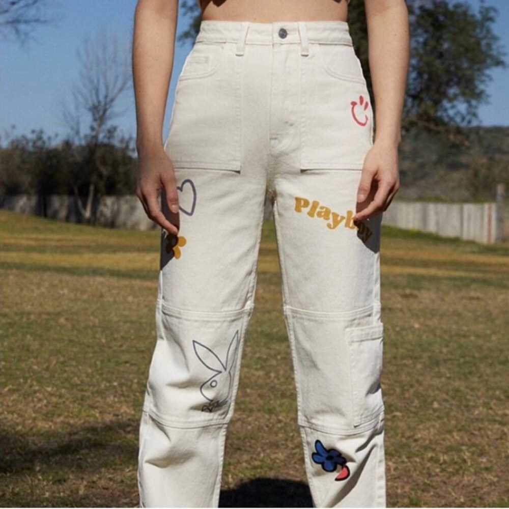 Playboy PacSun Cargo Pants Size 28 Cream Wide Leg Utility Y2K Streetwear